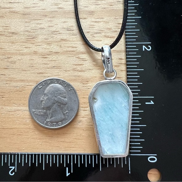 New Light Blue Hemimorphite Stone Coffin Shaped Silver Pendant Necklace w Cord - Picture 4 of 4